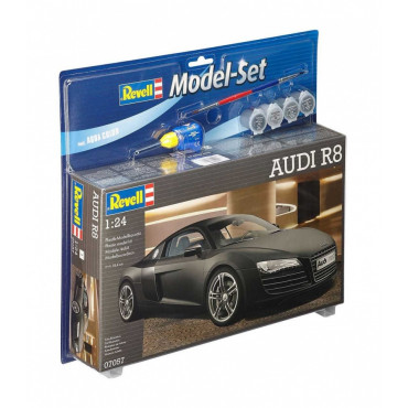 KIT PARA MONTAR REVELL MODEL SET CARRO AUDI R8 1/24 106 PEÇAS COMPLETO COM TINTAS COLA E PINCEL REV 67057